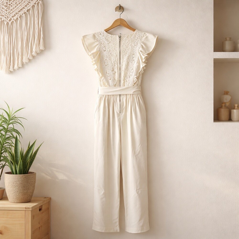 Mulla Jumpsuit Womens Size M Ivory Lace Ruffle Wide-Leg V-Neck Belted bridal - Picture 9 of 14